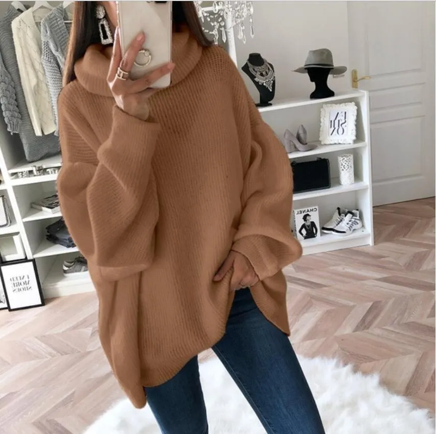 Women lantern sleeve knit pullover solid color turtleneck sweater