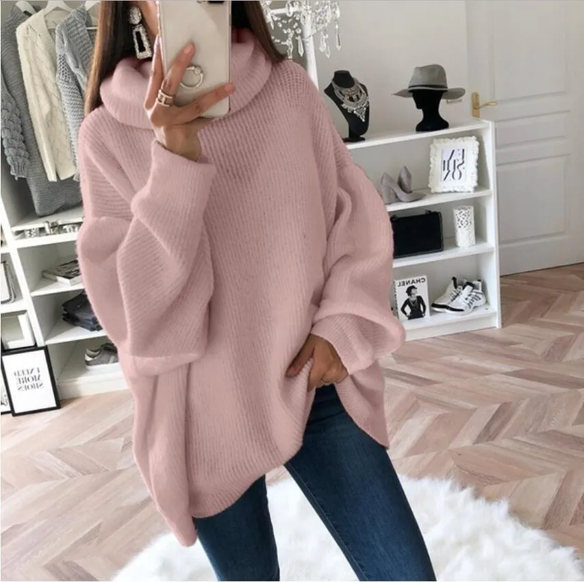 Women lantern sleeve knit pullover solid color turtleneck sweater