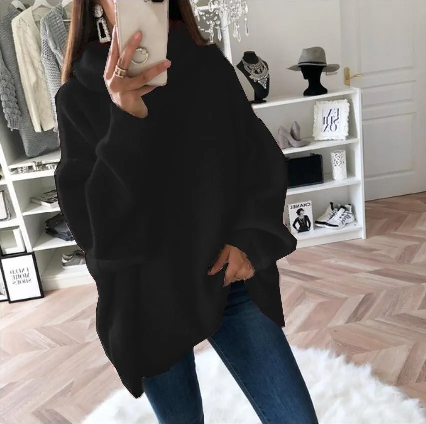 Women lantern sleeve knit pullover solid color turtleneck sweater