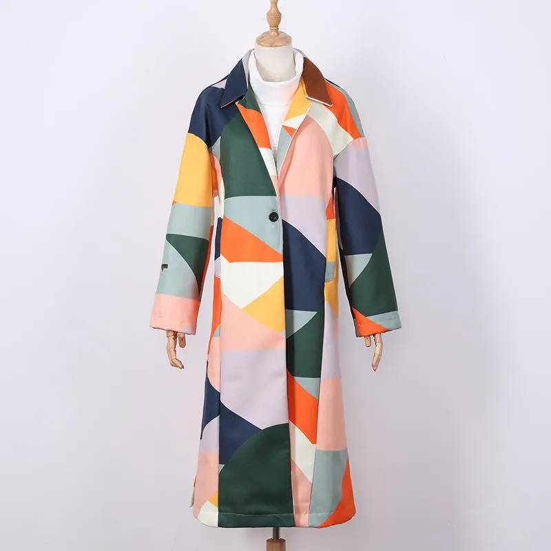 Women Turnover Collar Geometry Long Overcoat