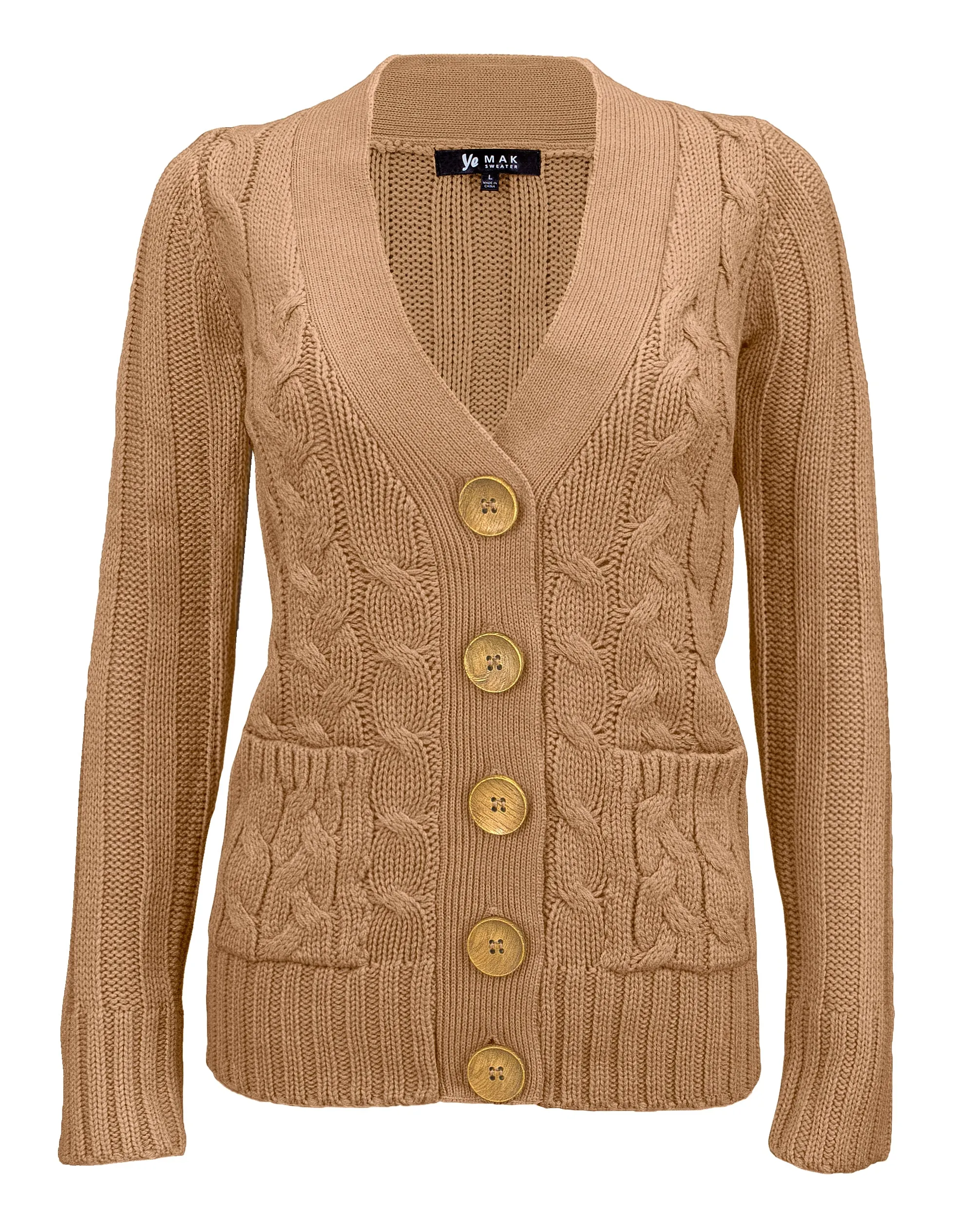 Women's Casual Long Sleeve Button Down Cable Knit Cardigan Sweater with Two Pockets HB3134