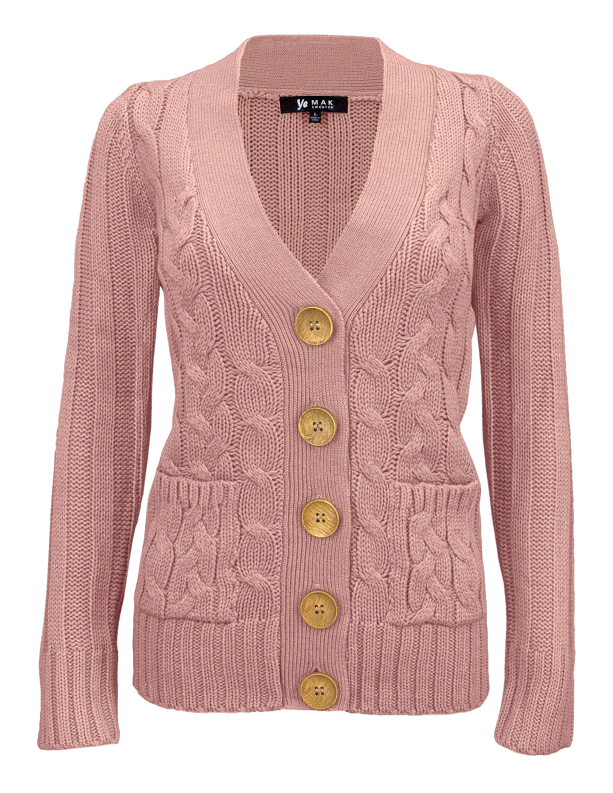 Women's Casual Long Sleeve Button Down Cable Knit Cardigan Sweater with Two Pockets HB3134