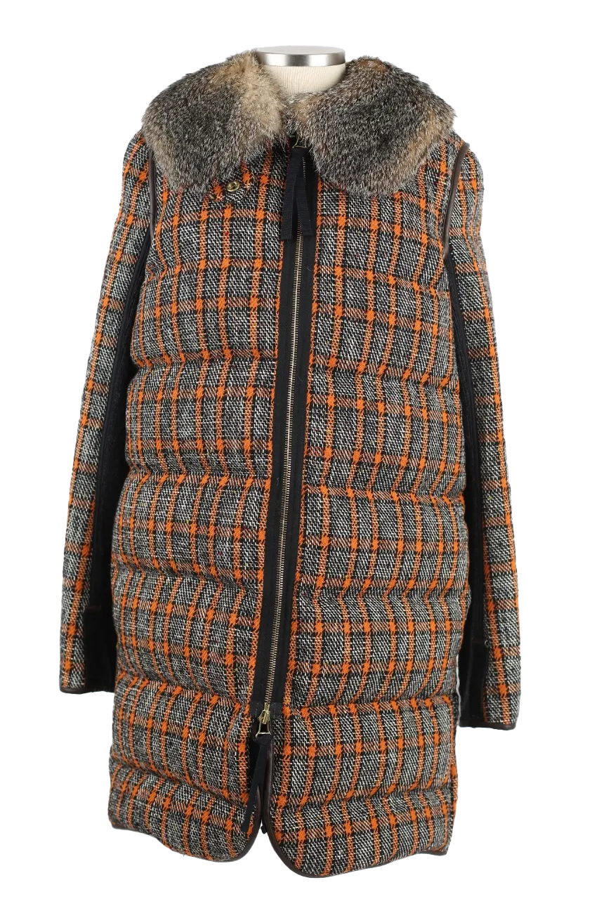 Wool Tweed Down Coat W/ Fur Collar