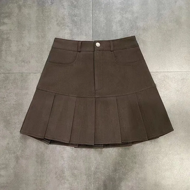 Y2K Vintage High Waist Pleated Skirt Women College Style Uniforms Safety Pants Mini Skirts Woman Korean Street Slim A-Line Skirt