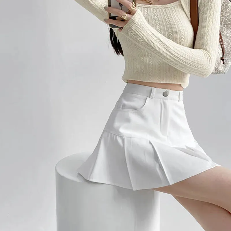 Y2K Vintage High Waist Pleated Skirt Women College Style Uniforms Safety Pants Mini Skirts Woman Korean Street Slim A-Line Skirt