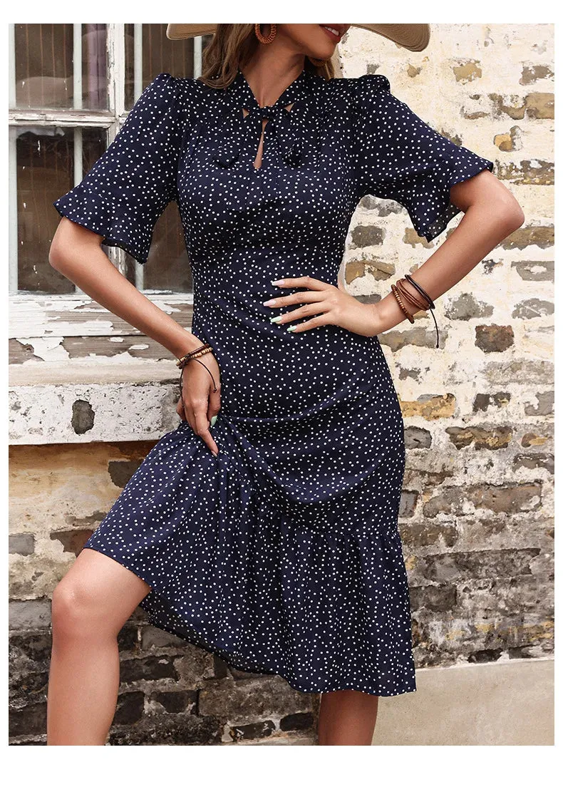 YEMOGGY Vintage Elegant Dot Summer 2024 New Flowy Holiday Tie Bow Ruffle Short Sleeve Midi Dress